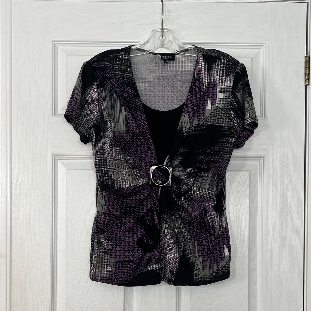 Lindor Women's Black and Purple Patterned Blouse